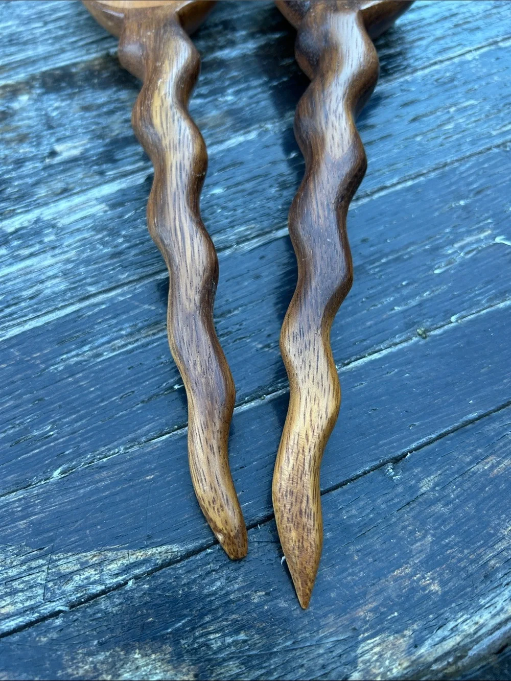 Vintage hand-carved wooden salad server Fork & Spoon set
